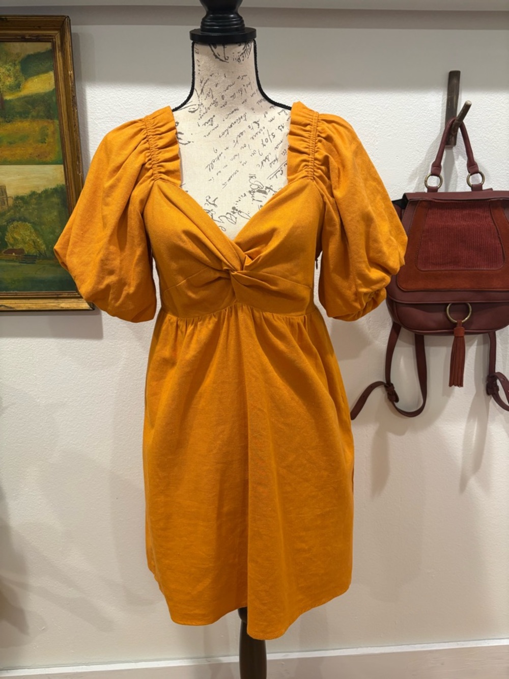 Moodie Mustard Puff Sleeve Babydoll Mini Dress (M)